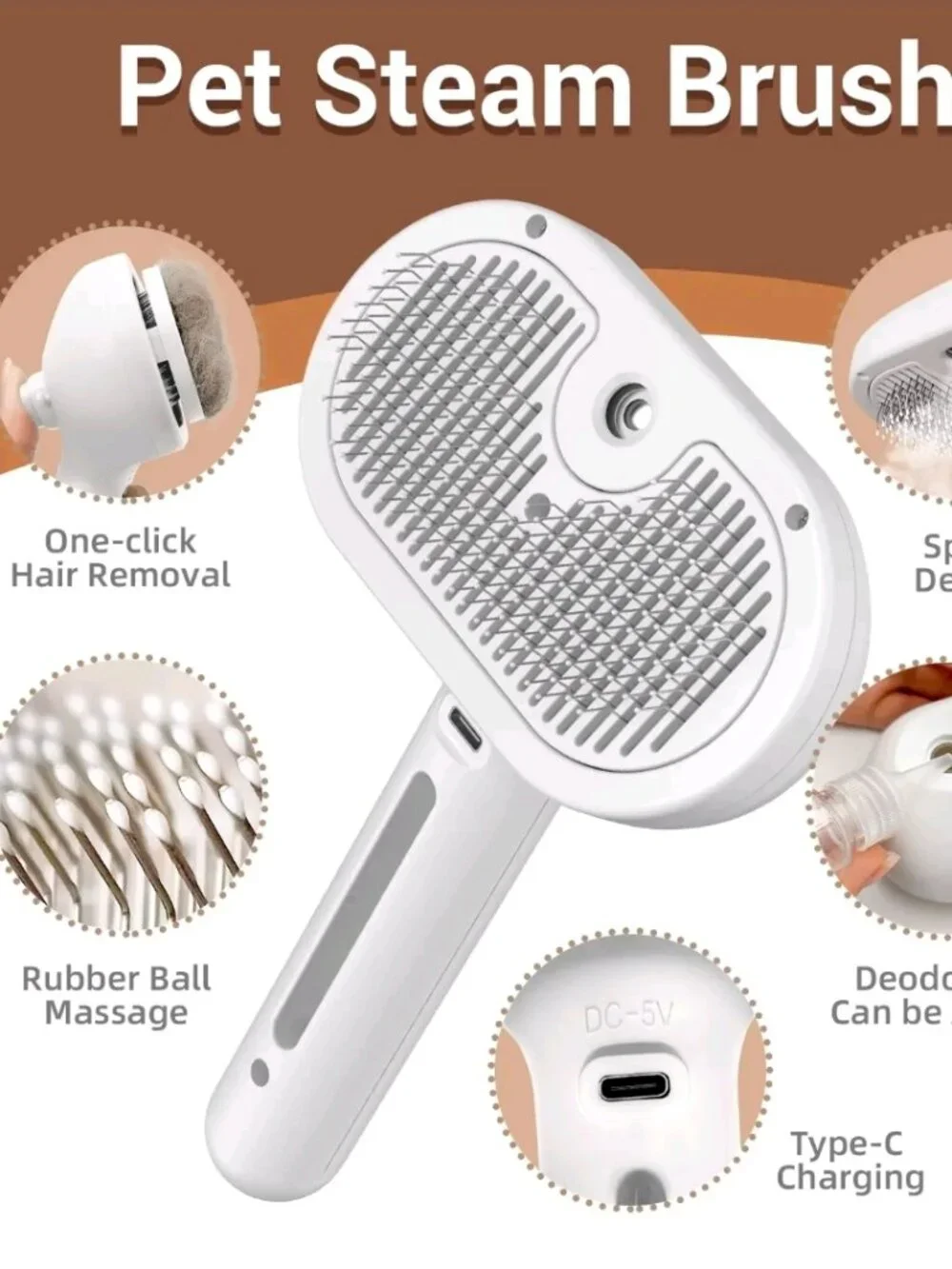 NEW Steam Brush for Pets Long Short Haired, 3-in-1 Spray Dematting Comb